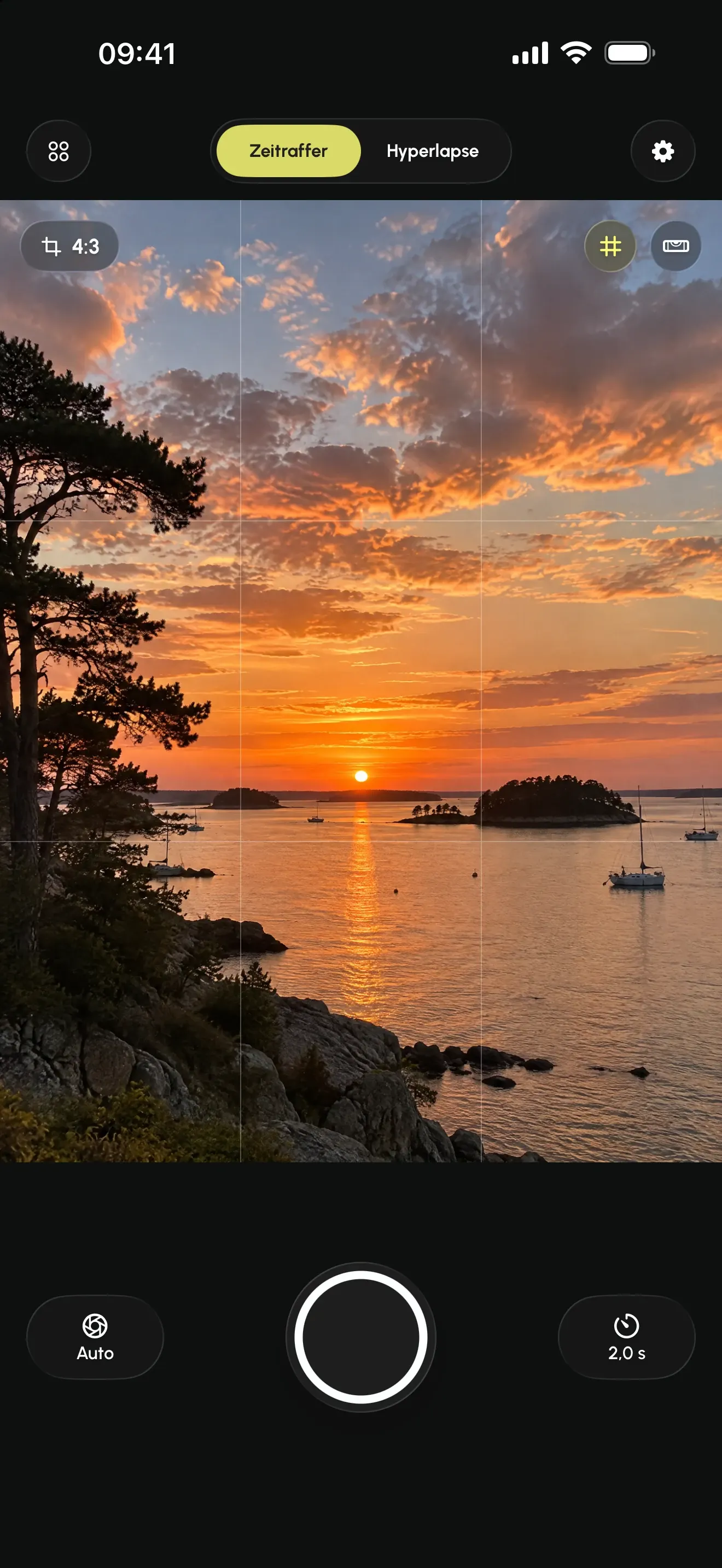 Sucher von Interval Pro im Zeitraffer-Modus mit einem Sonnenuntergang über dem Meer