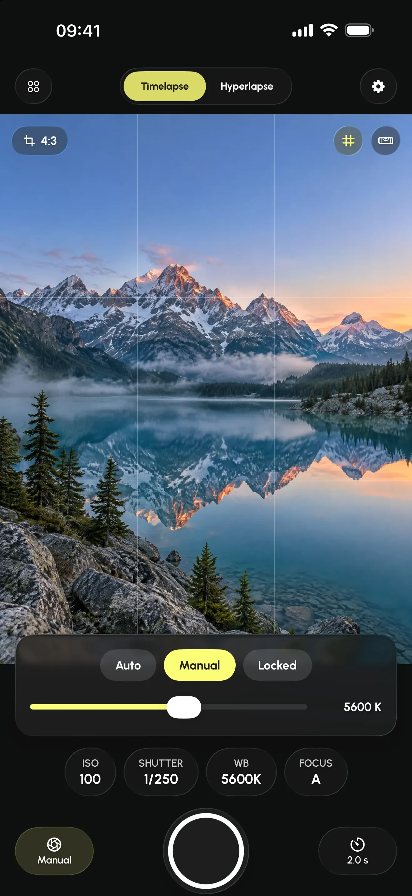 Lockable manual controls: ISO, shutter speed, white balance and focus