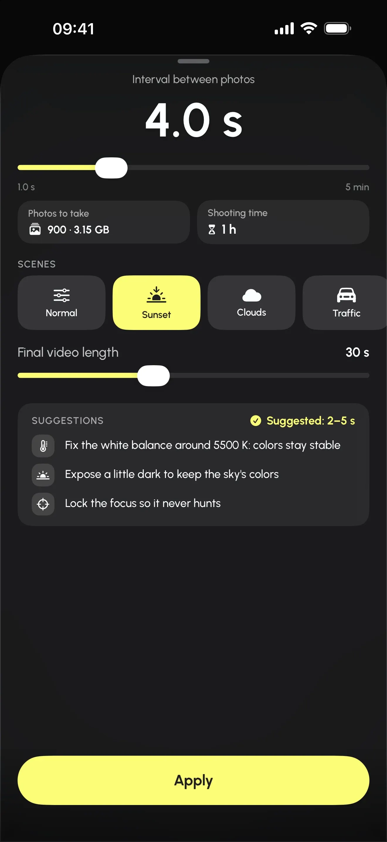 Interval calculator: 4.0 s between photos, 900 photos, 3.15 GB
