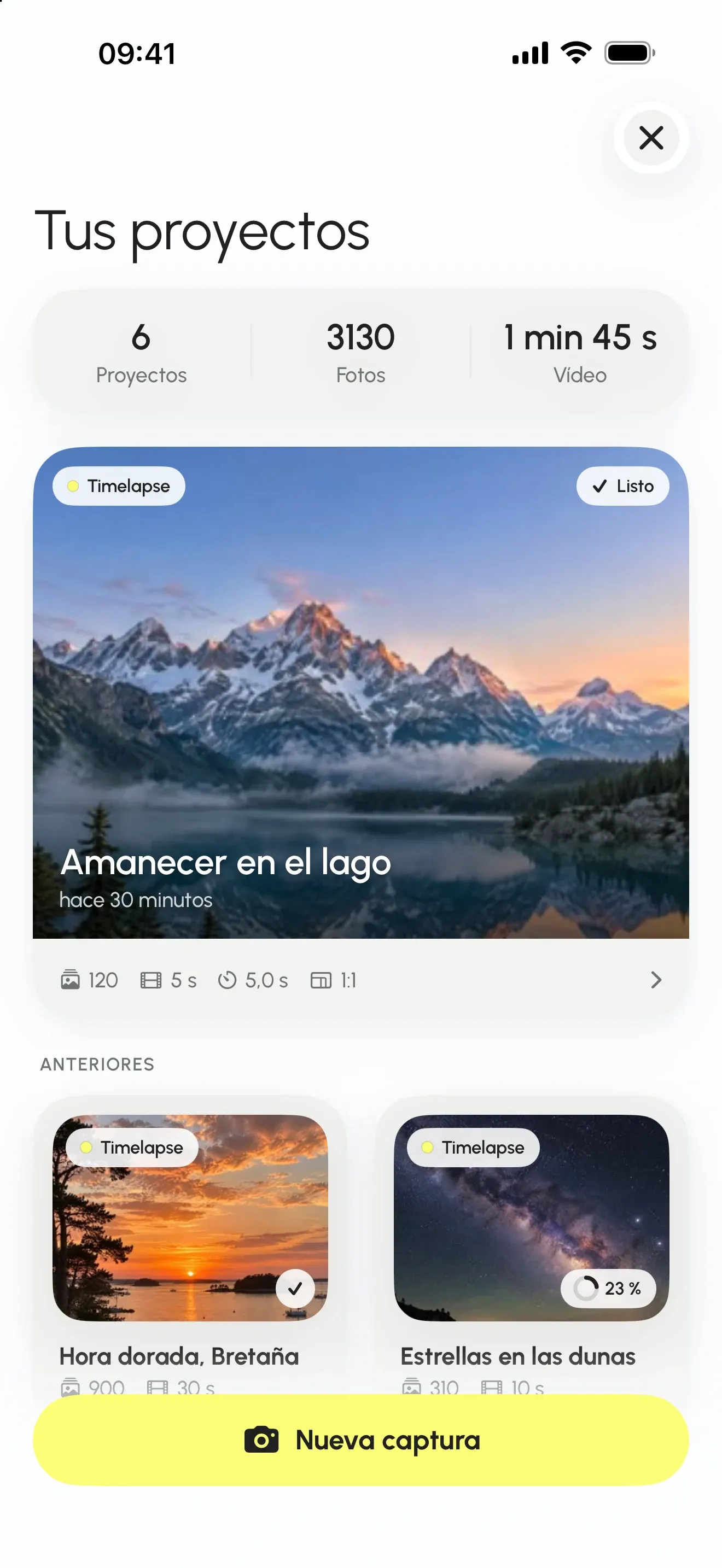 Lista de proyectos: 6 proyectos, 3130 fotos, 1 min 45 s de vídeo