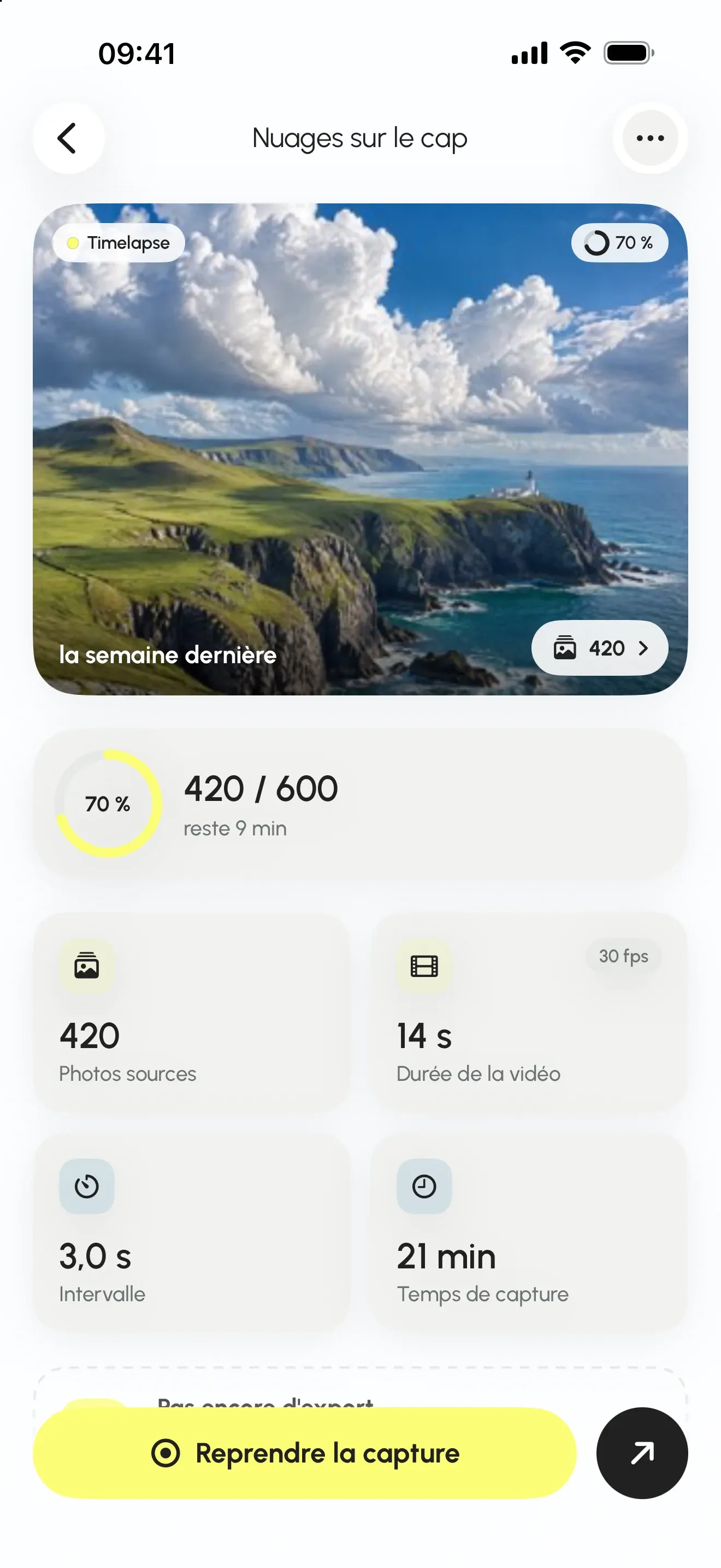 Détail d'un projet : 420 photos sources, 14 s de vidéo, intervalle de 3,0 s