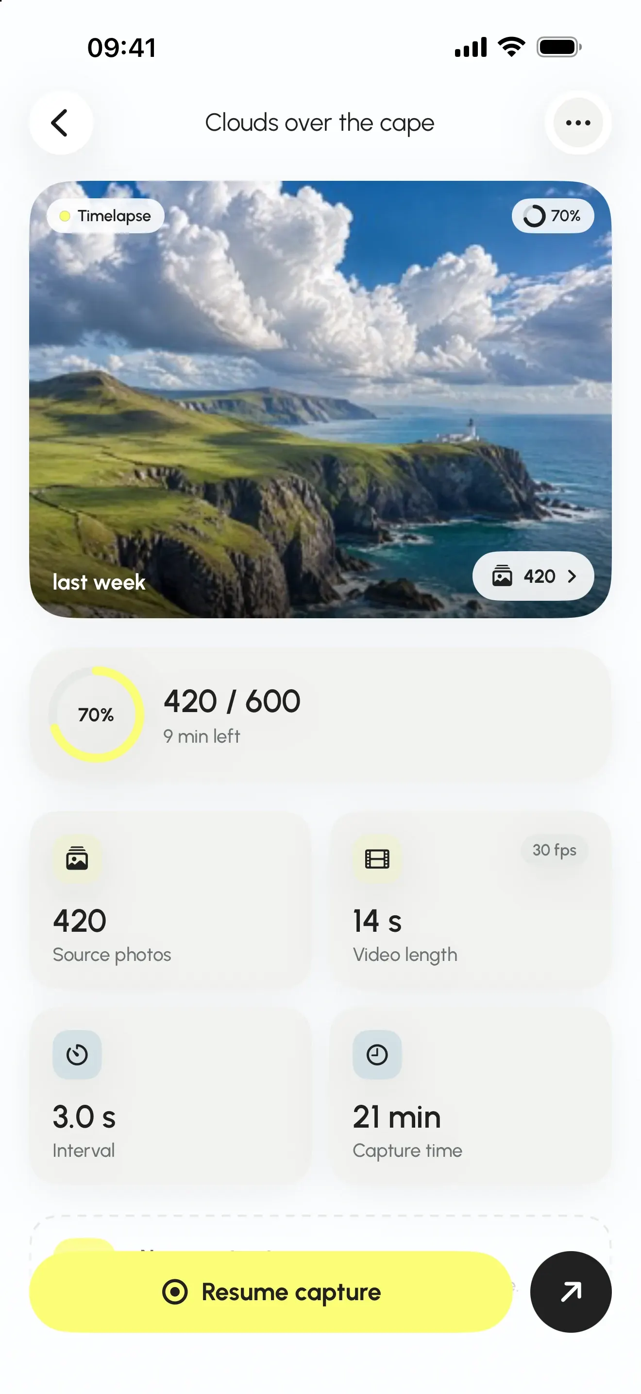Project detail: 420 source photos, 14 s of video, 3.0 s interval