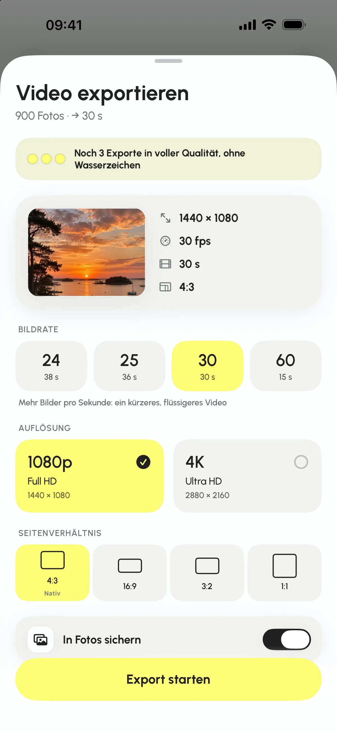 Exportbildschirm: Auflösung 1080p oder 4K, Bilder pro Sekunde, Seitenverhältnis
