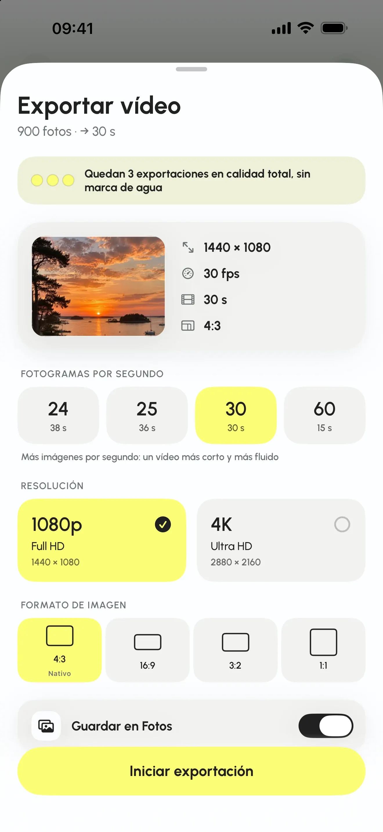 Pantalla de exportación: resolución 1080p o 4K, fotogramas por segundo, formato de imagen