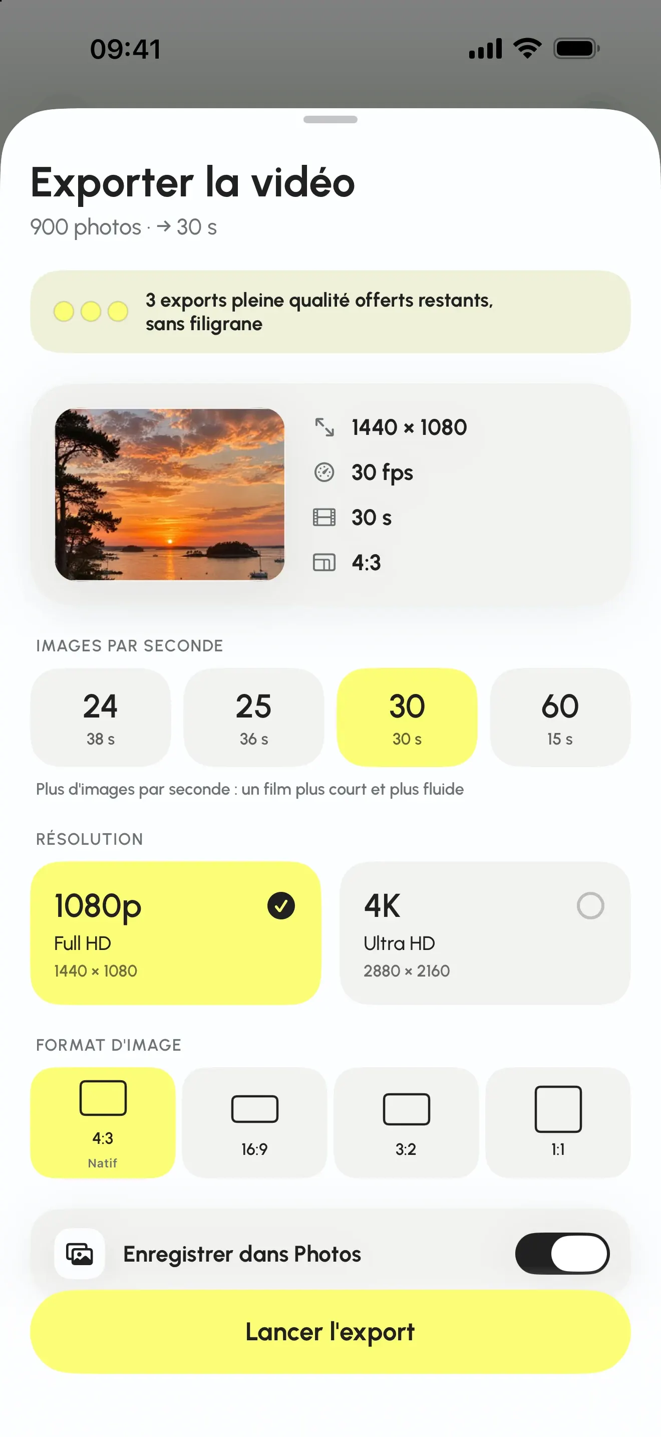 Écran d'export : résolution 1080p ou 4K, images par seconde, format d'image