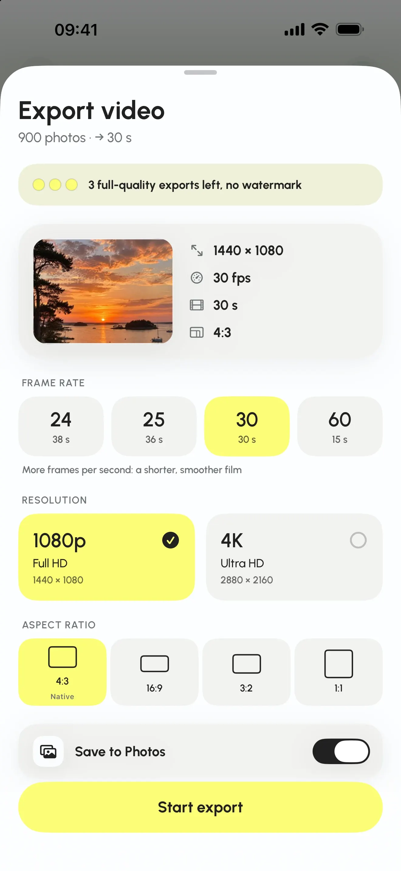 Export screen: 1080p or 4K resolution, frames per second, aspect ratio